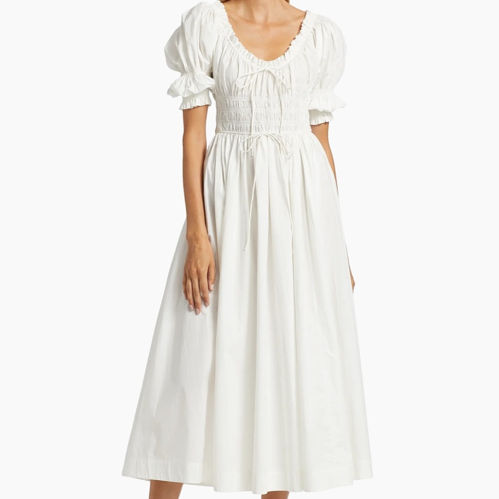 Doen White Puff-Sleeve Smocked Midi Dress - Picture 2 of 12